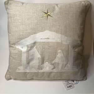 Nativity Scene Pillow Jesus Mary and Joseph Graphic With Gold Star 18 x 18 inch